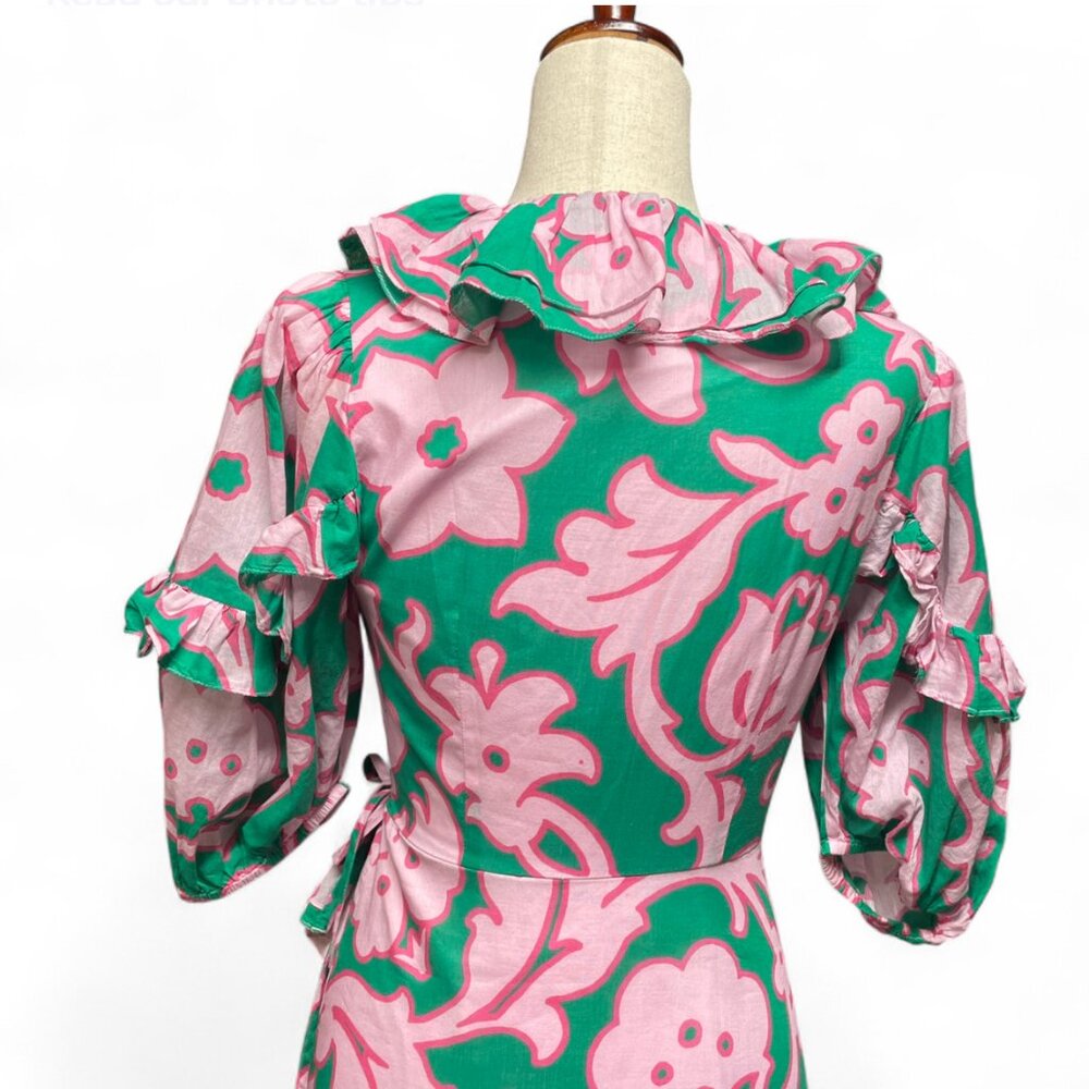 Rhode‎ Womens Lydia Take It Easy Pink Green Floral Print Midi Wrap Dress Size XS - Picture 8 of 11